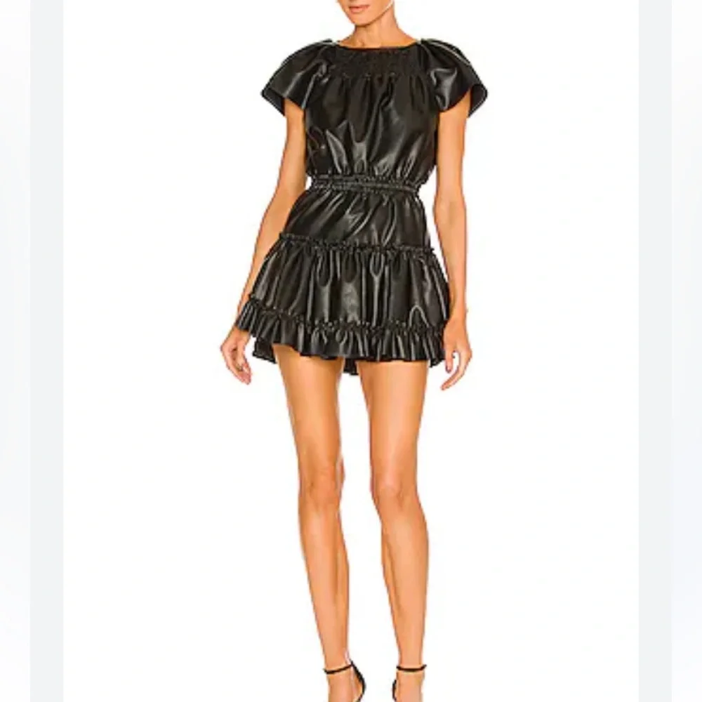 MISA LOS ANGELES Elegant Black Vegan Faux Leather Ruffled Dress S - Picture 1 of 10